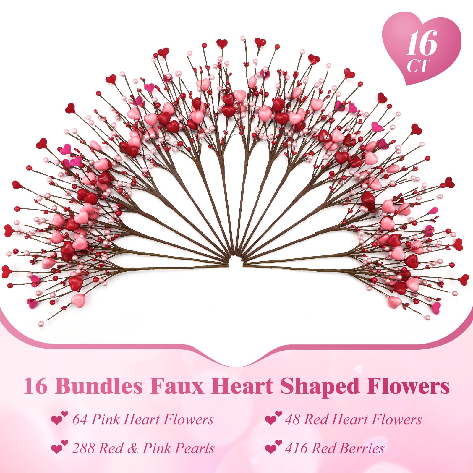 16 PCS Valentine's Day Gifts, Artificial Red Berry Flower Stems Pink Heart Shaped Berries Picks Branches for Valentine Decorations, Mother's Day, Wedding Anniversary Home Table Indoor Decor - SHareconn