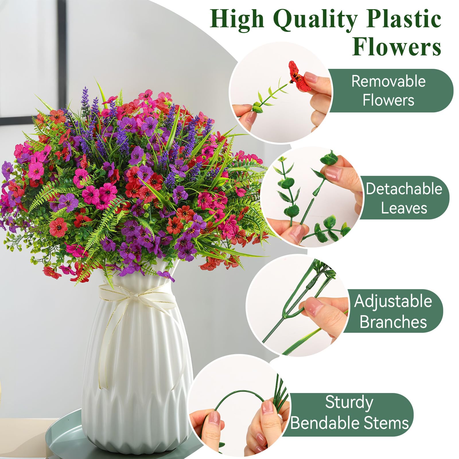 24 Bundles Artificial Flowers, UV Resistant Eucalyptus Violet and Lavender Silk Fake Plants, Red Rose Purple - SHareconn