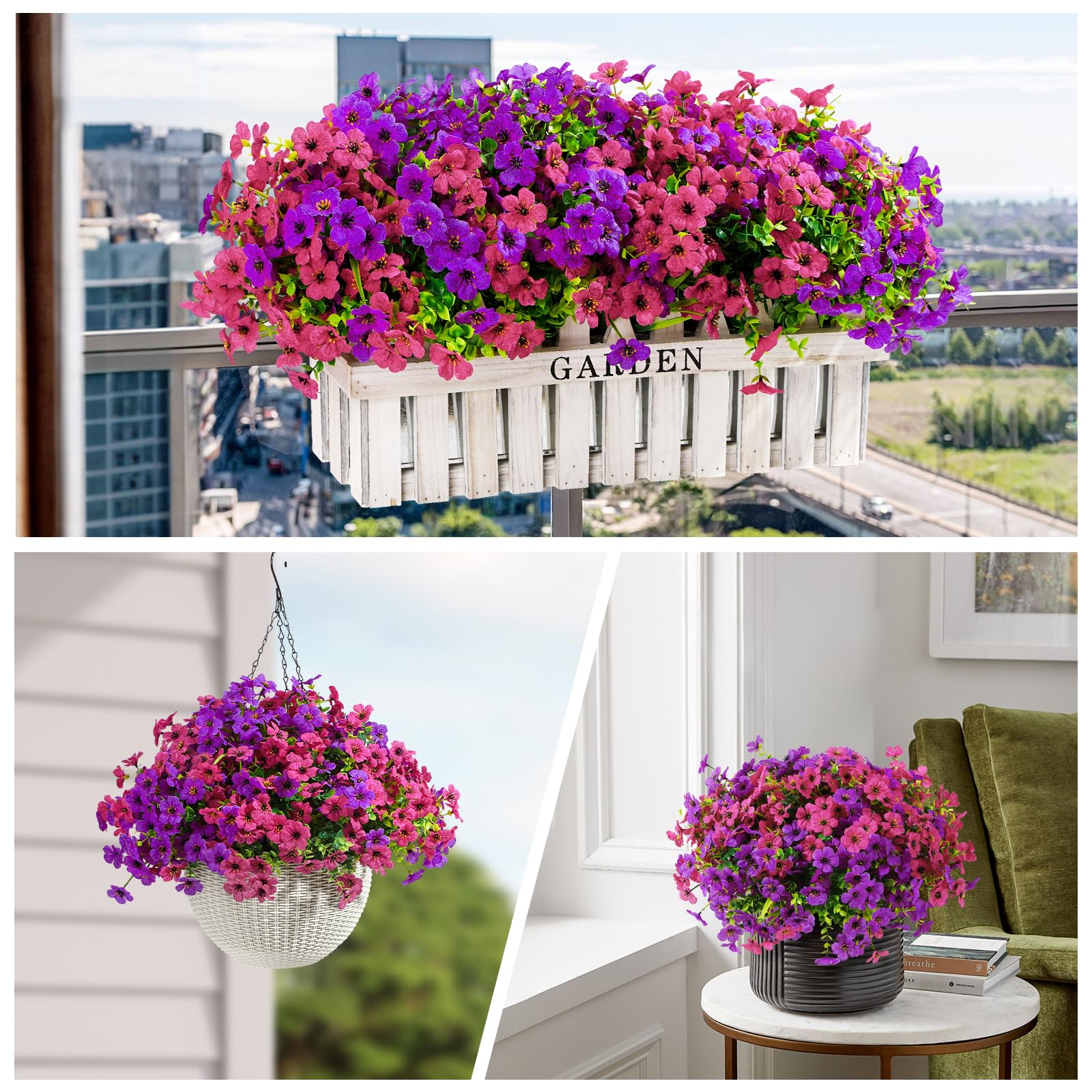 24 Bundles Artificial Flowers for Outdoors Decoration, UV Resistant Silk Violet Faux Colorful Daisy Eucalyptus(Purple & Rosered) - SHareconn