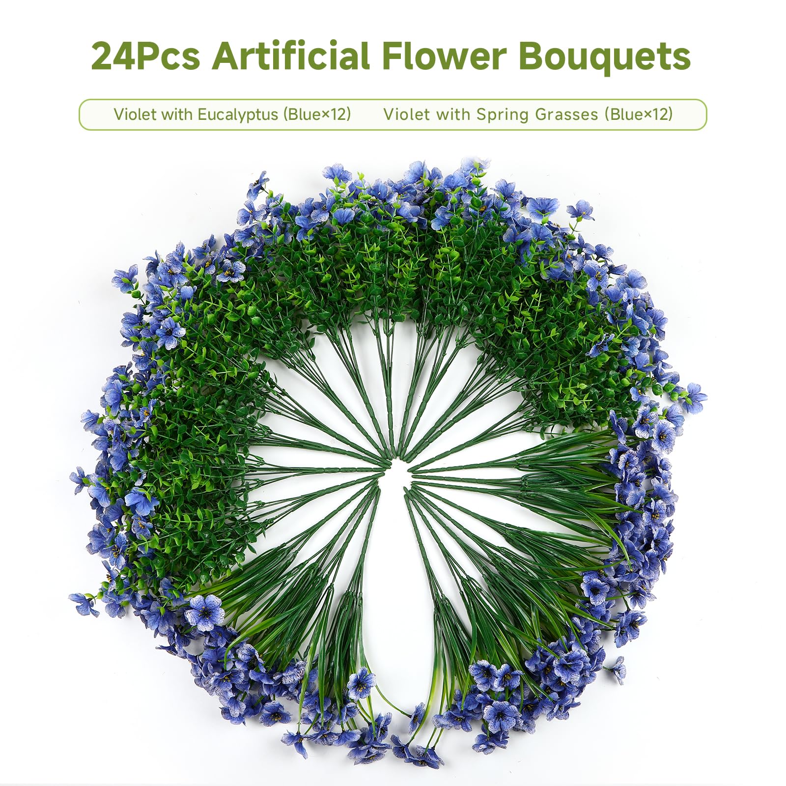 24 Bundles Artificial Flowers for Outdoors Decoration, UV Resistant Silk Violet Faux Colorful Daisy Eucalyptus, Blue - SHareconn