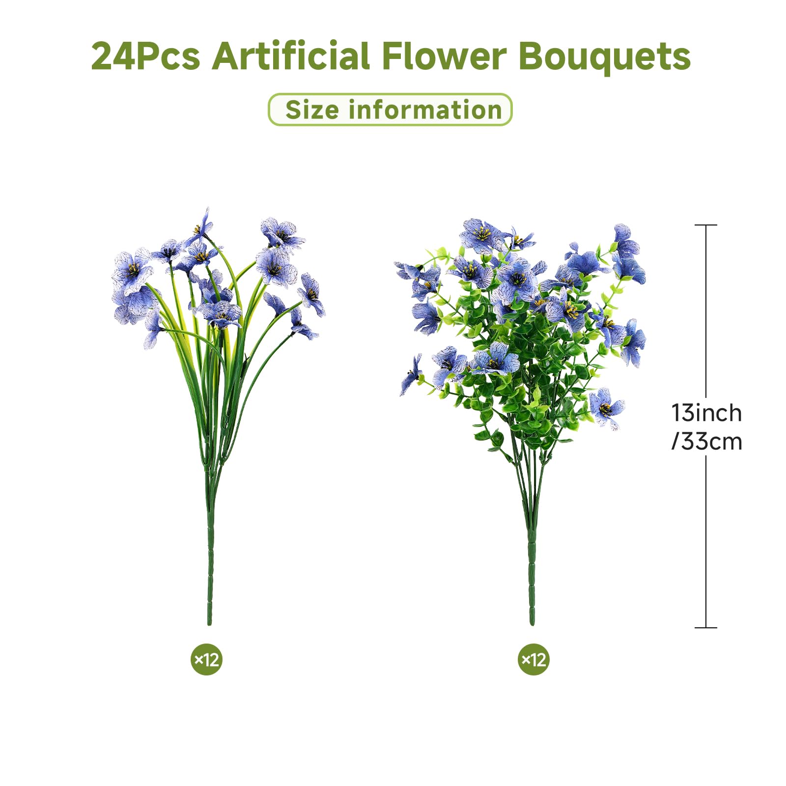 24 Bundles Artificial Flowers for Outdoors Decoration, UV Resistant Silk Violet Faux Colorful Daisy Eucalyptus, Blue - SHareconn