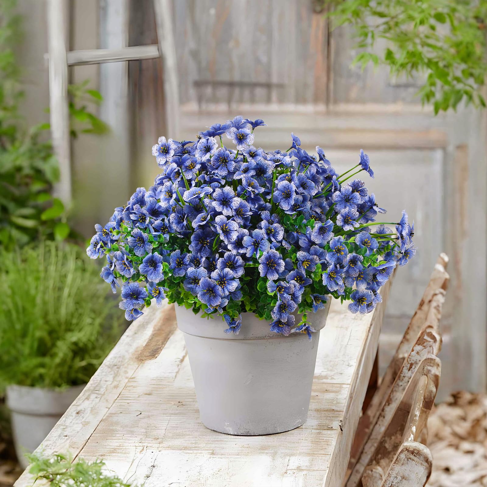 24 Bundles Artificial Flowers for Outdoors Decoration, UV Resistant Silk Violet Faux Colorful Daisy Eucalyptus, Blue - SHareconn