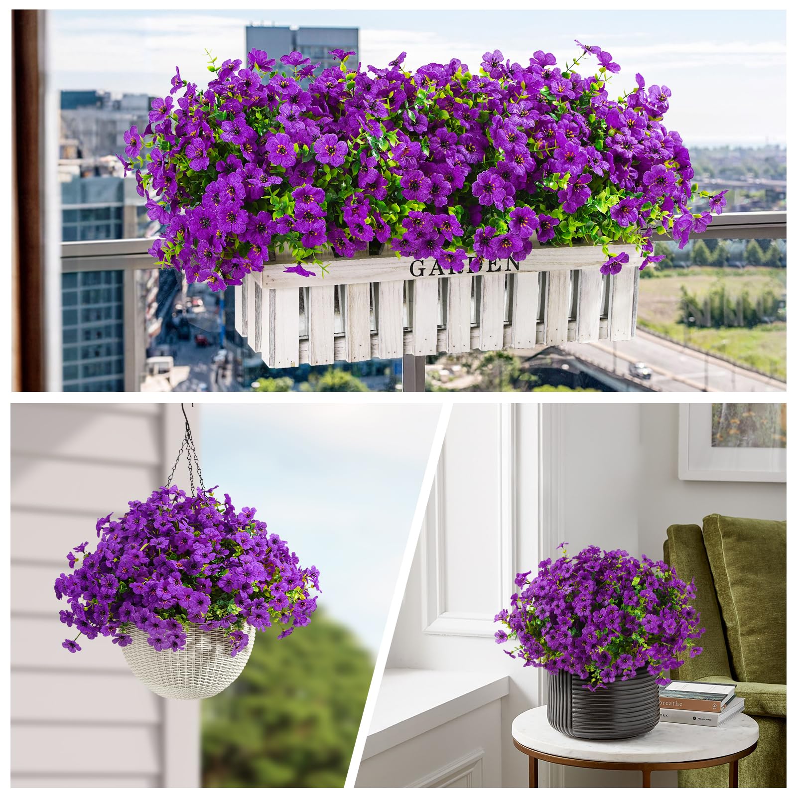 24 Bundles Artificial Flowers for Outdoors Decoration, UV Resistant Silk Violet Faux Colorful Daisy Eucalyptus, Purple - SHareconn