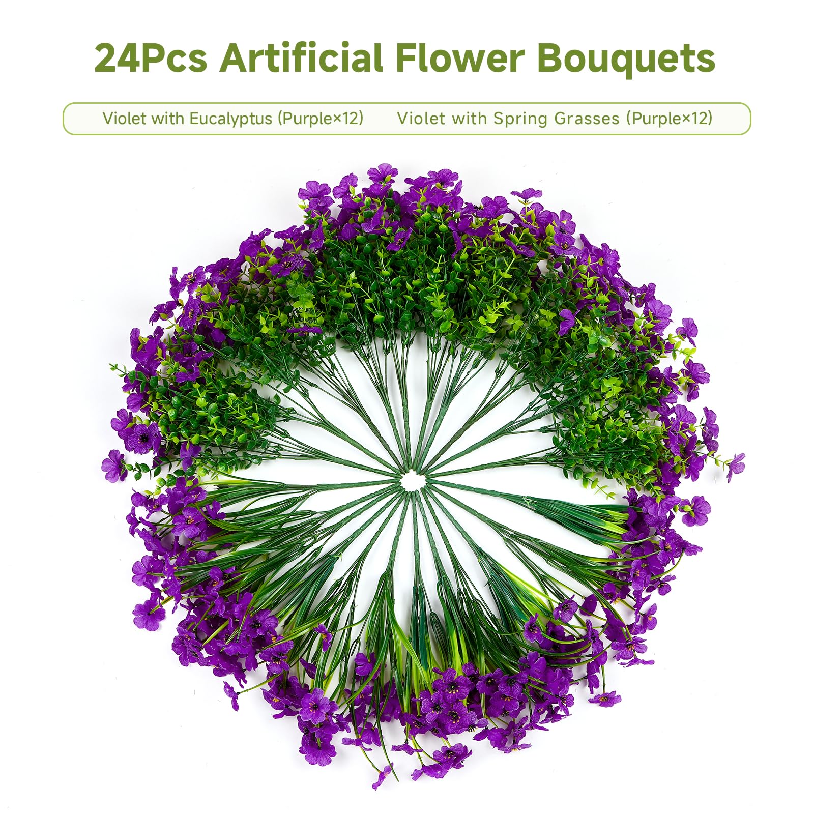 24 Bundles Artificial Flowers for Outdoors Decoration, UV Resistant Silk Violet Faux Colorful Daisy Eucalyptus, Purple - SHareconn