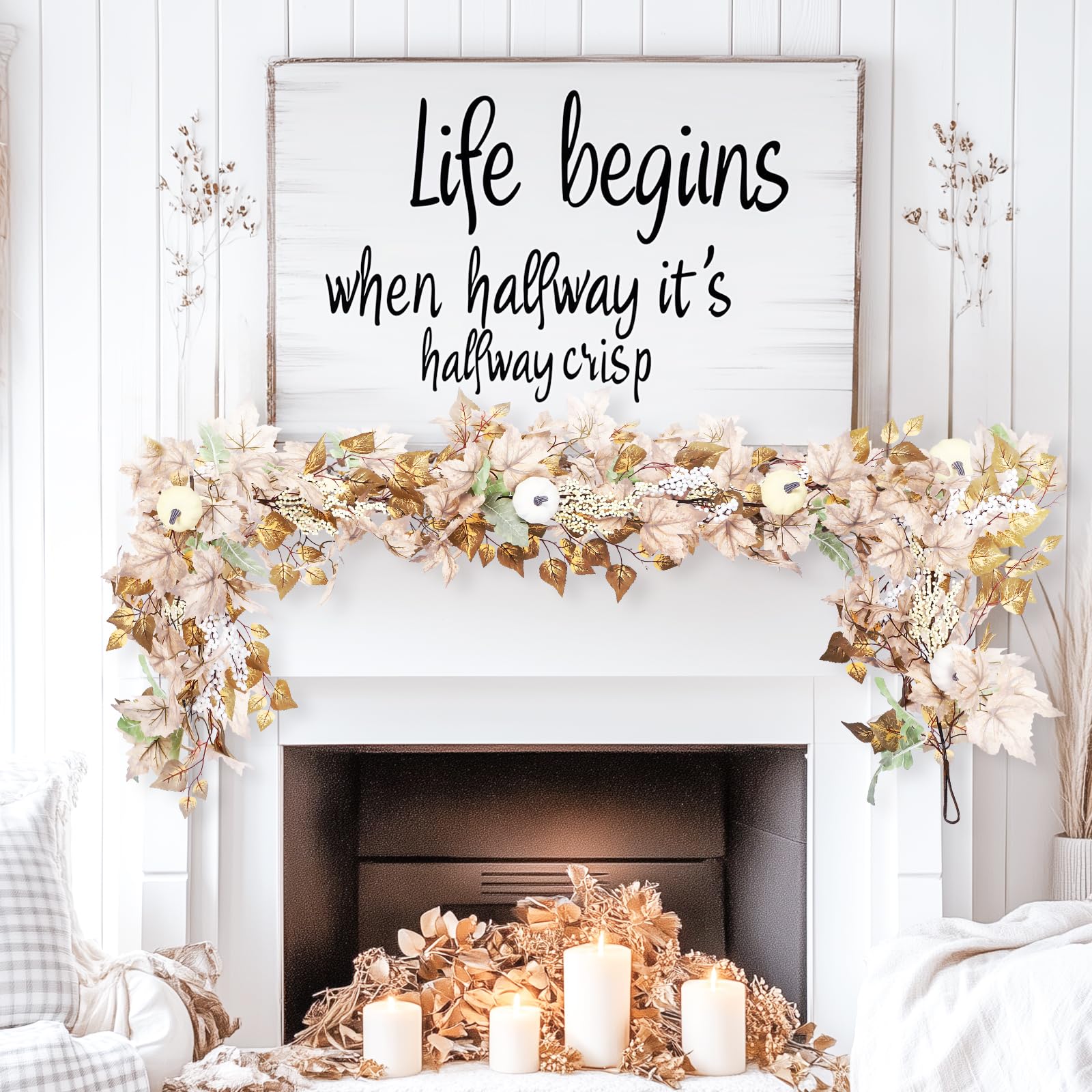 6FT Fall Garland Decor White Pumpkin & Maple Leaves Garland(White) - SHareconn