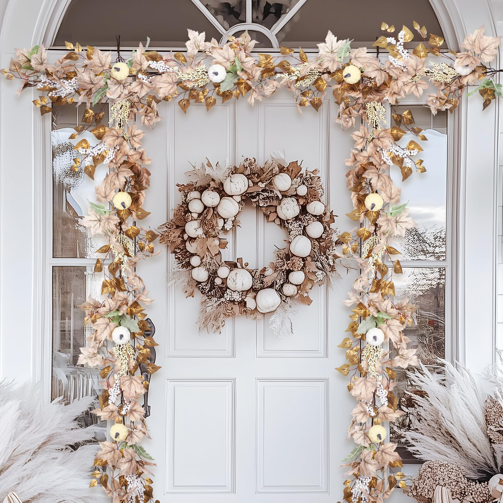 6FT Fall Garland Decor White Pumpkin & Maple Leaves Garland(White) - SHareconn