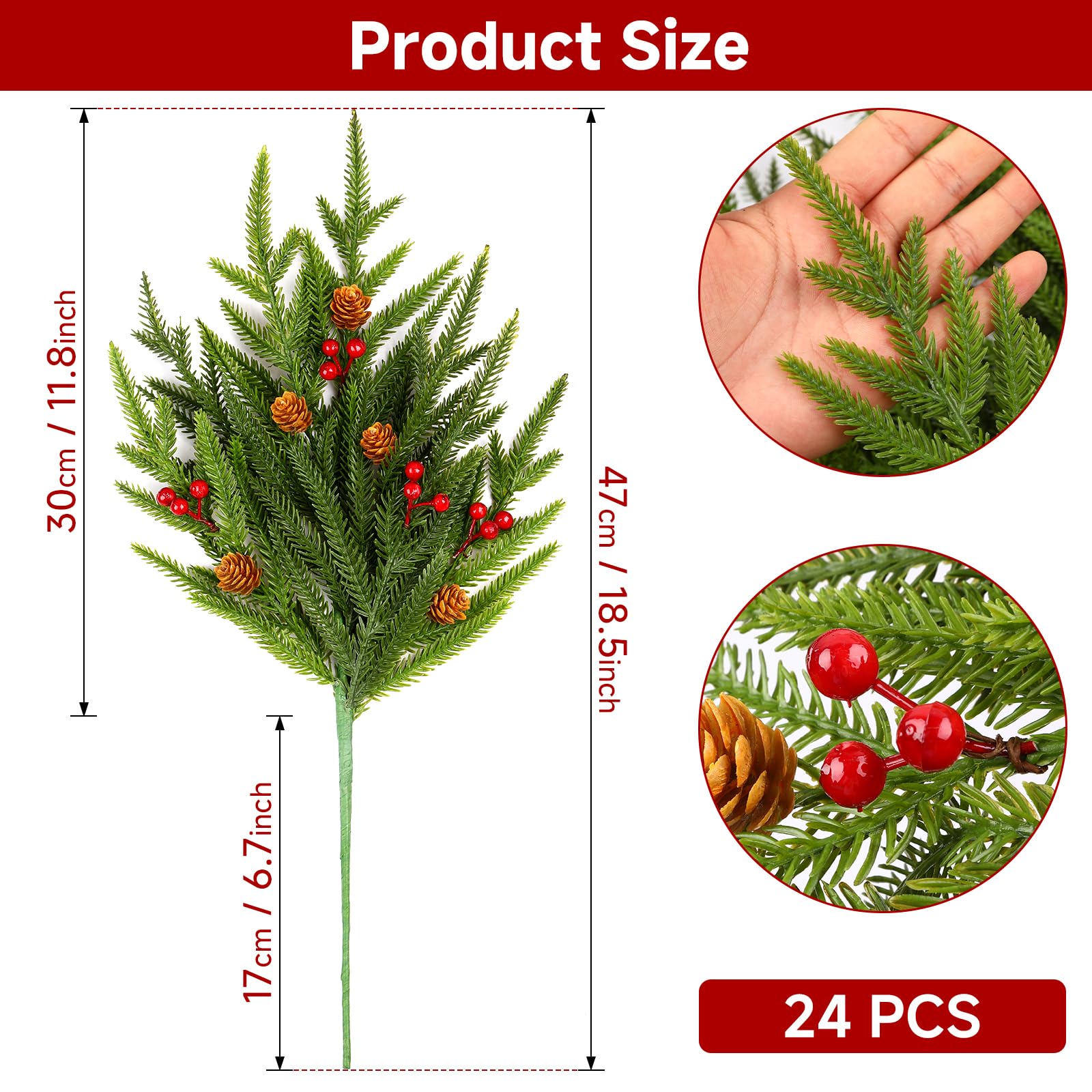 24PCS 17" Artificial Pine Branches Christmas Decorations, Fake Cedar Stems with Pine Needle&Cone&Berry for Xmas Decor, Faux Pine Pick Green Plants Ornaments for Home/Holiday/Party, Green - SHareconn
