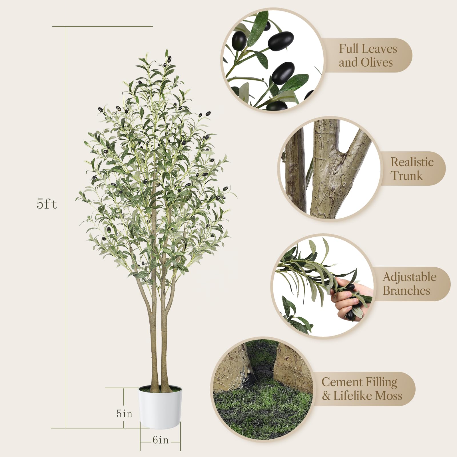 5 FT Artificial Olive Trees, Faux Olive Tree Indoor with Natural Wood Trunk & Lifelike Fruits - SHareconn