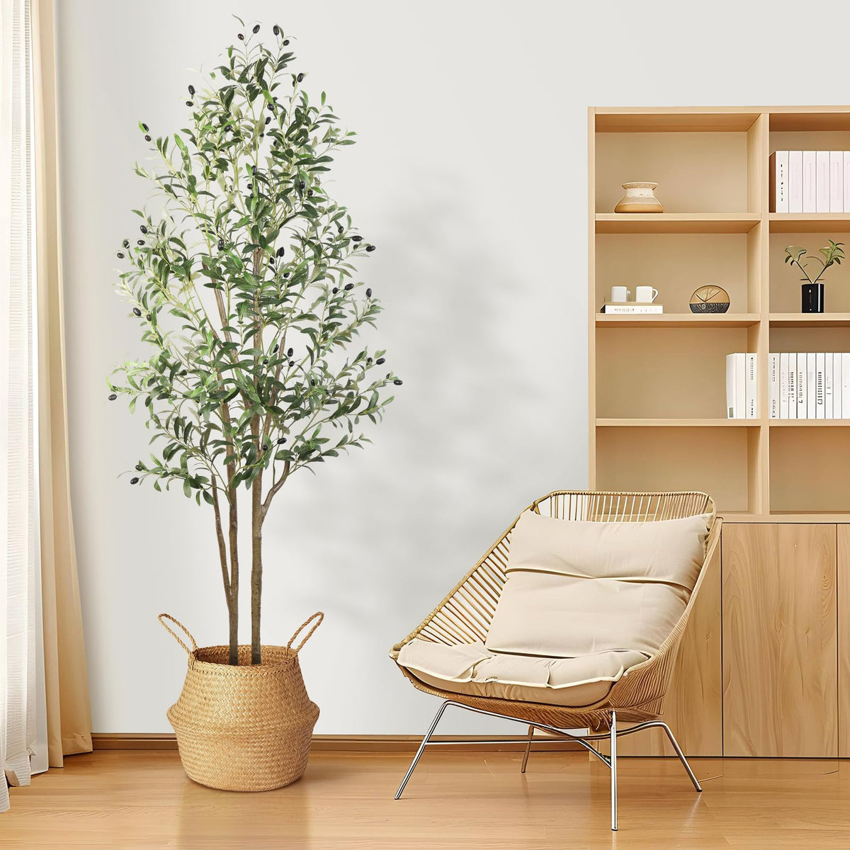 Six-foot SHareconn artificial olive tree with lifelike faux silk leaves, tall indoor decorative plant, 72 inches high.