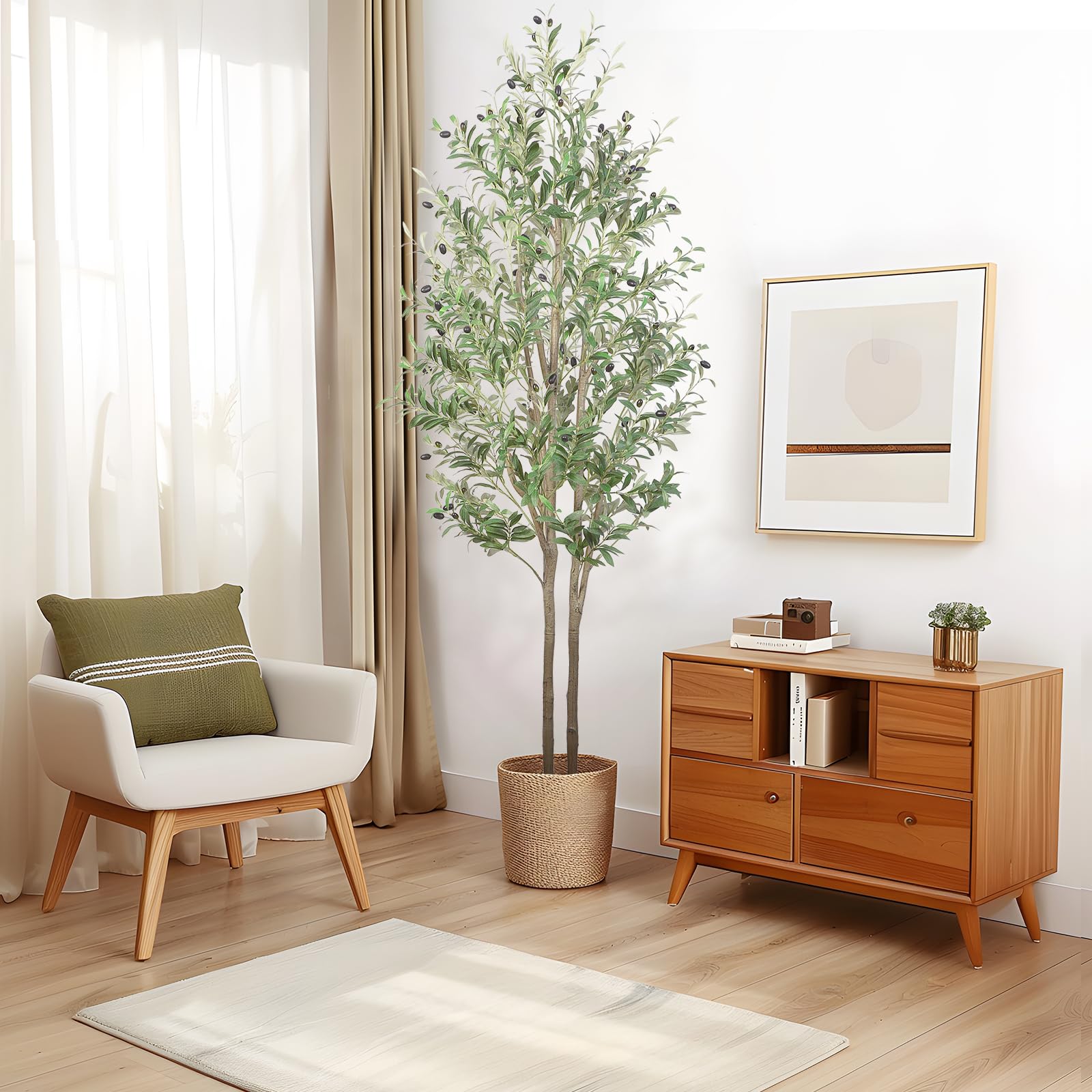7FT Artificial Olive Tree  Tall Faux Silk Plant with Natural Wood Trunk & Lifelike Fruits - SHareconn