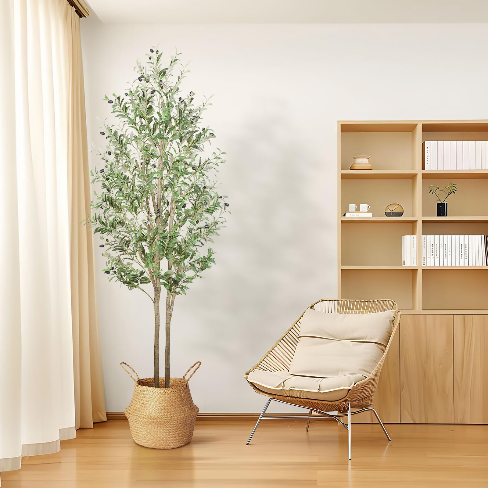 7FT Artificial Olive Tree  Tall Faux Silk Plant with Natural Wood Trunk & Lifelike Fruits - SHareconn