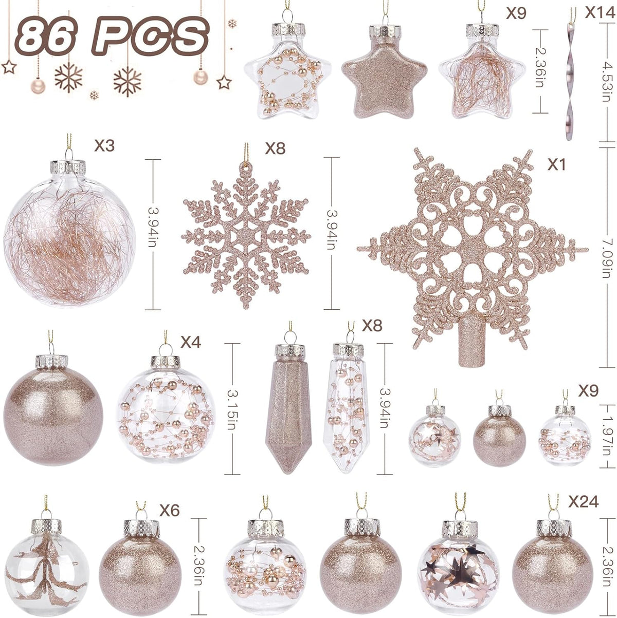 Set of 86 champagne glitter Christmas ball ornaments by SHareconn featuring sequins, tinsel, beads, and shatterproof plastic clear balls.