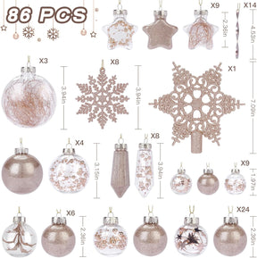 Set of 86 champagne glitter Christmas ball ornaments by SHareconn featuring sequins, tinsel, beads, and shatterproof plastic clear balls.