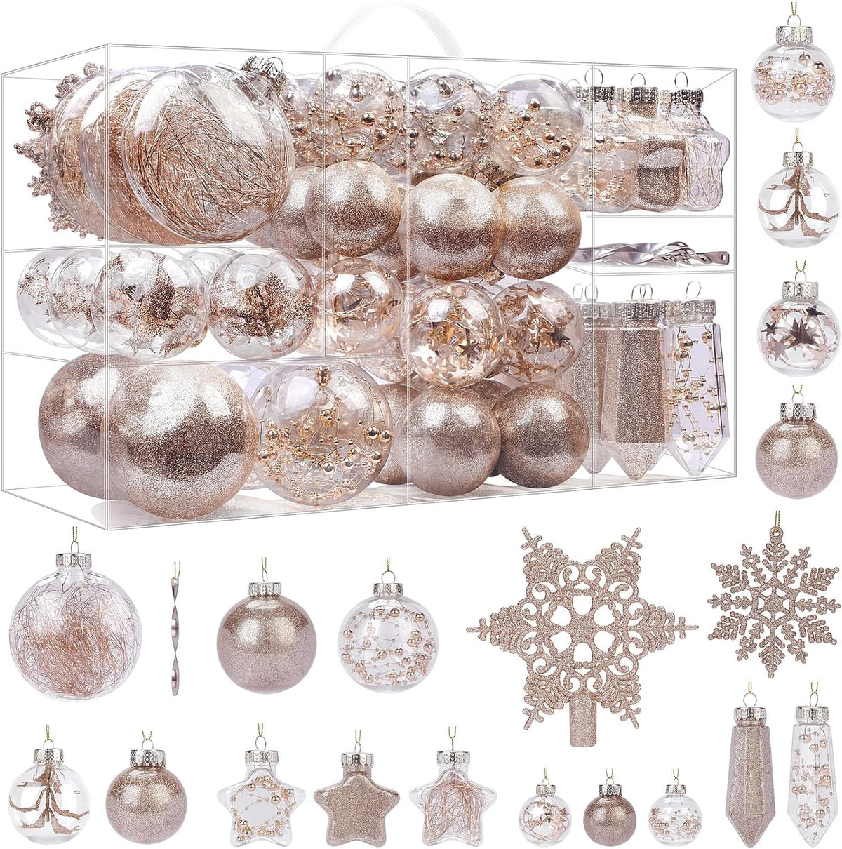 Set of 86 clear plastic Christmas ball ornaments with champagne glitter sequins, tinsel, and beads, shatterproof holiday decorations.