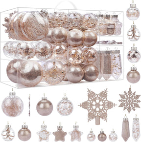 Set of 86 clear plastic Christmas ball ornaments with champagne glitter sequins, tinsel, and beads, shatterproof holiday decorations.