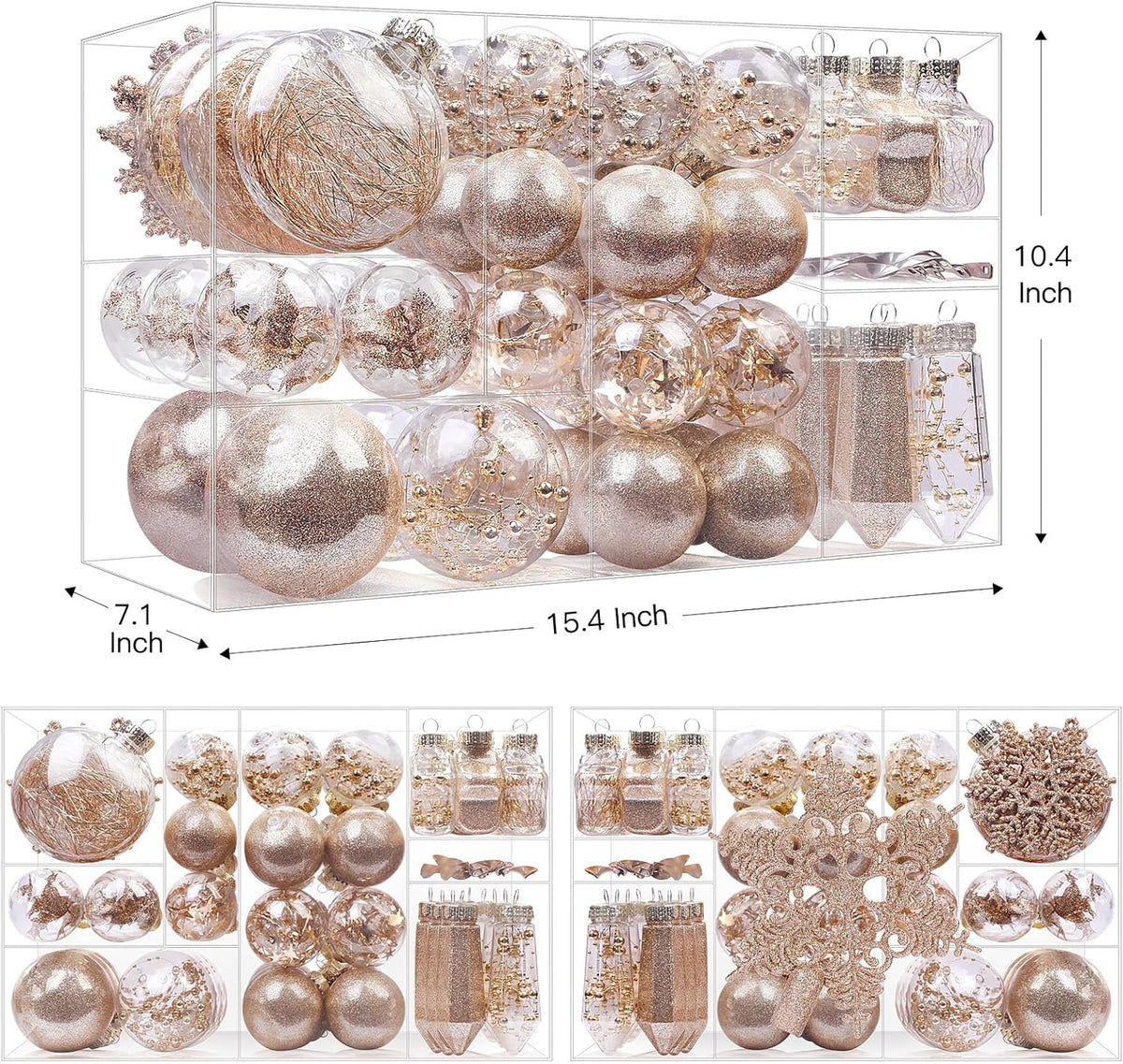 Set of 86 champagne glitter Christmas ball ornaments with sequins, tinsel, and beads, made of shatterproof clear plastic by SHareconn.