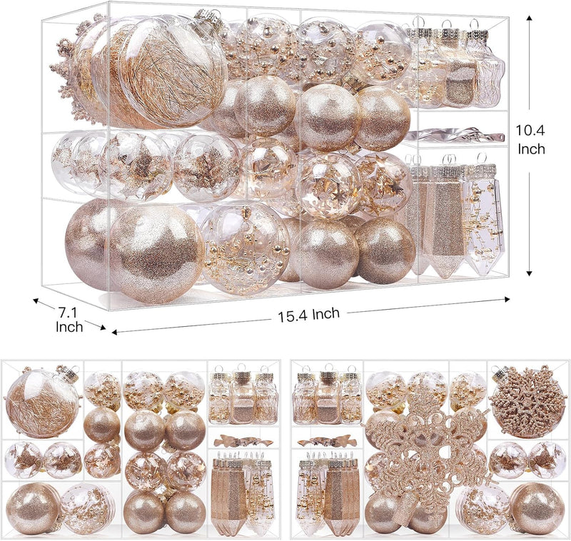 Set of 100 clear champagne Christmas ball ornaments by SHareconn with glitter, sequins, tinsel, and beads in shatterproof plastic.
