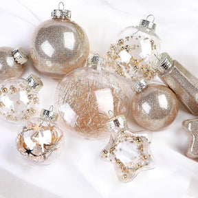 Set of 86 champagne glitter Christmas ball ornaments with sequins, tinsel, beads, shatterproof clear plastic for holiday decorations.