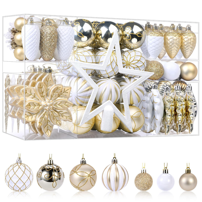 Set of 106 gold and white Christmas ball ornaments by SHareconn, including hanging hooks for festive holiday decorating.