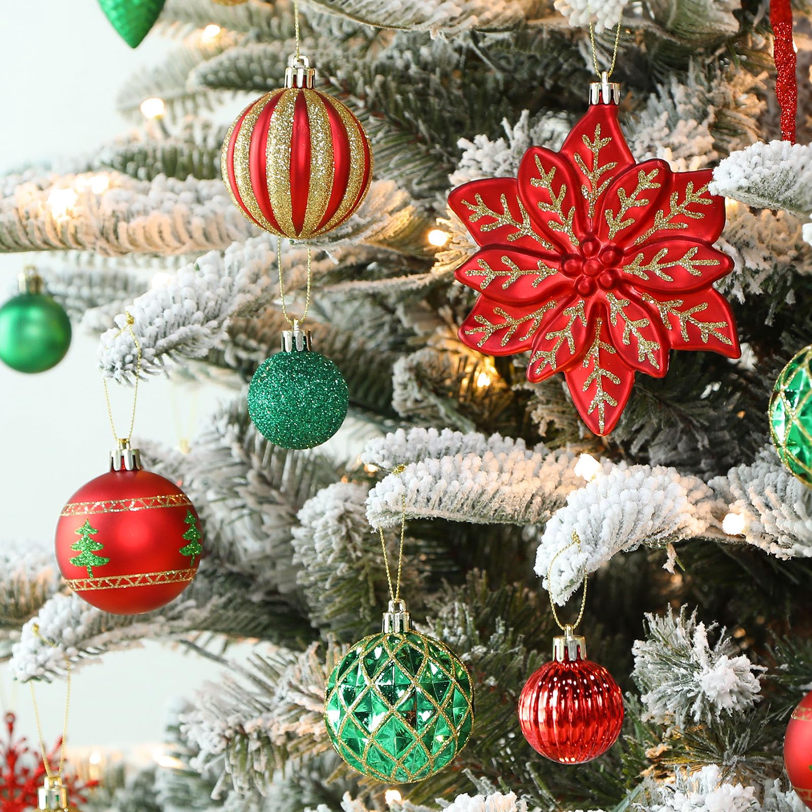 106PCS Red Green Gold Christmas Balls Ornaments Set, with Hanging Hooks - SHareconn