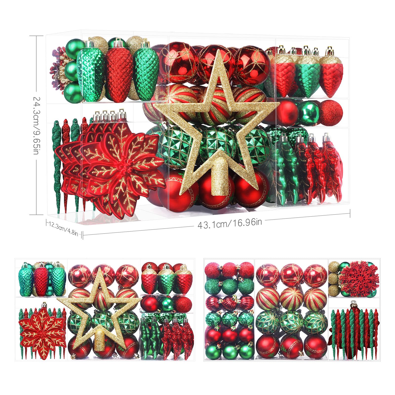 106PCS Red Green Gold Christmas Balls Ornaments Set, with Hanging Hooks - SHareconn