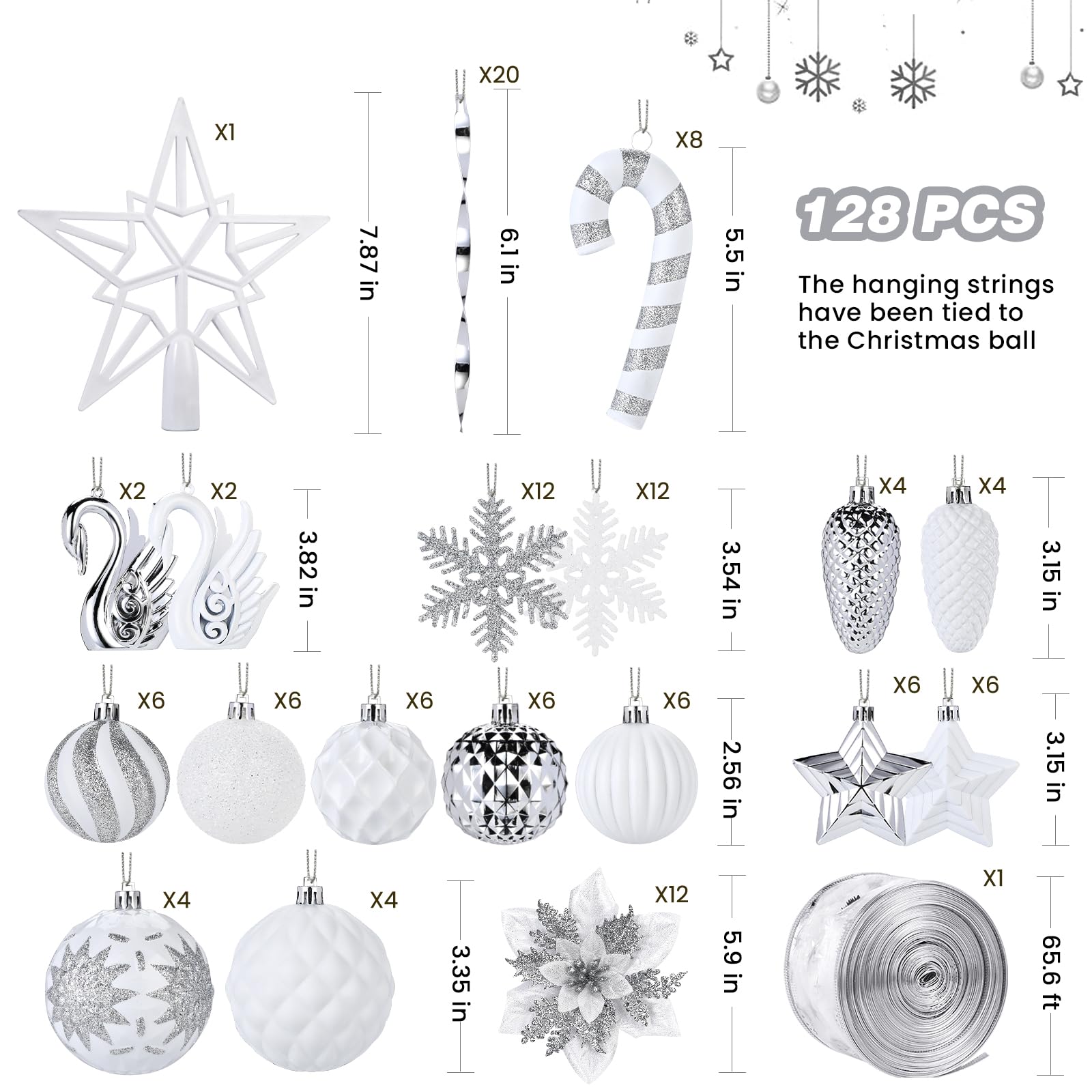 128pcs Christmas Balls Ornaments Set, Ribbon Tree Topper for Xmas Tree Holiday Wedding Party Decorations with Hanging Strings, White and Silver - SHareconn