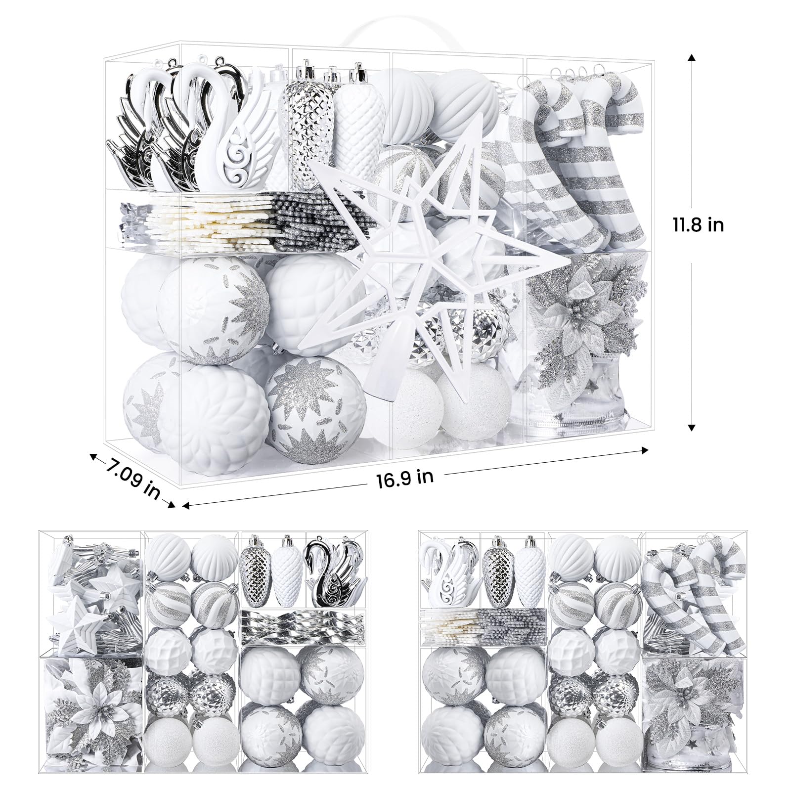 128pcs Christmas Balls Ornaments Set, Ribbon Tree Topper for Xmas Tree Holiday Wedding Party Decorations with Hanging Strings, White and Silver - SHareconn