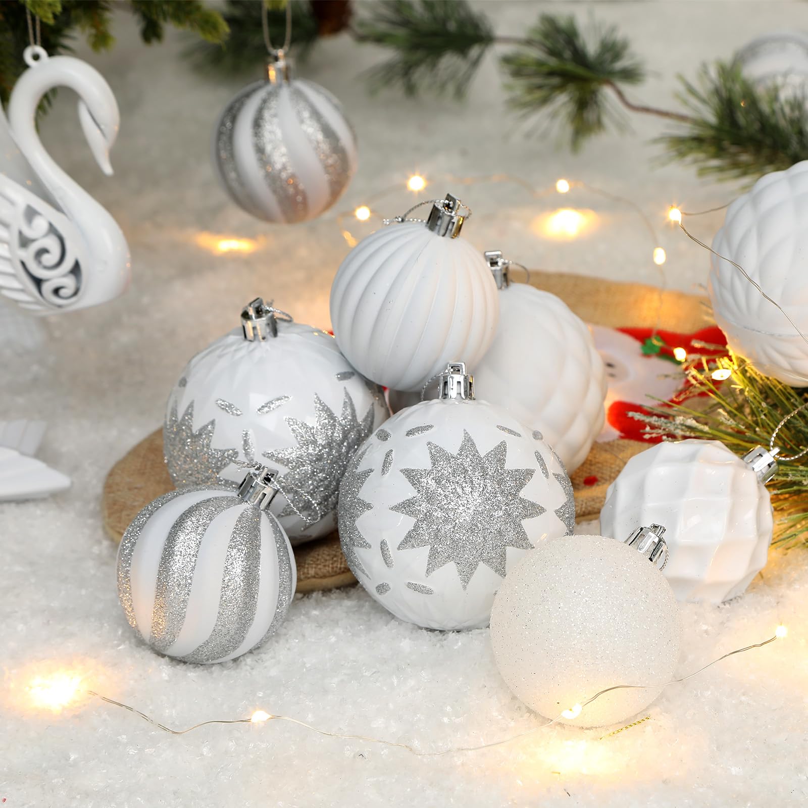 128pcs Christmas Balls Ornaments Set, Ribbon Tree Topper for Xmas Tree Holiday Wedding Party Decorations with Hanging Strings, White and Silver - SHareconn