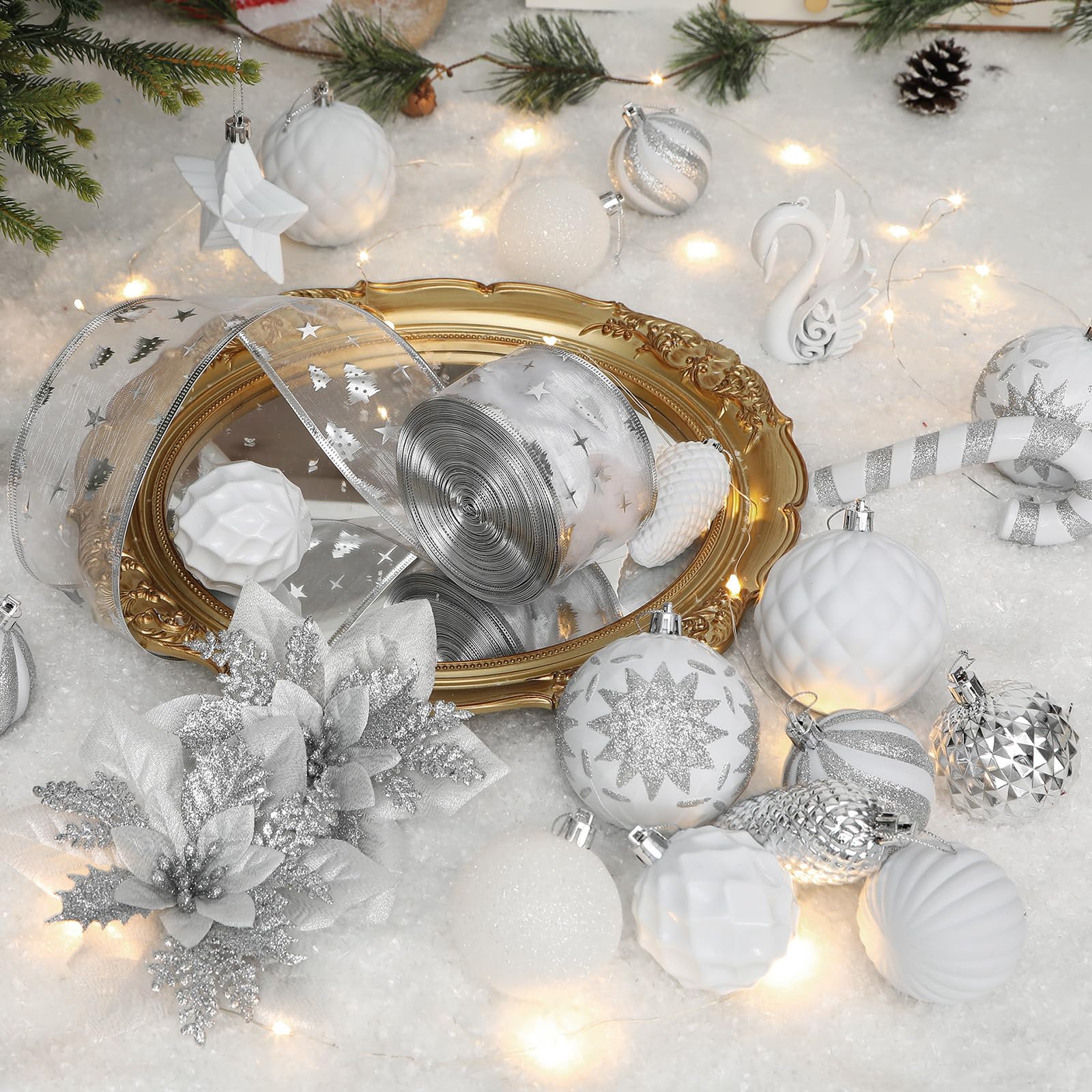 128pcs Christmas Balls Ornaments Set, Ribbon Tree Topper for Xmas Tree Holiday Wedding Party Decorations with Hanging Strings, White and Silver - SHareconn