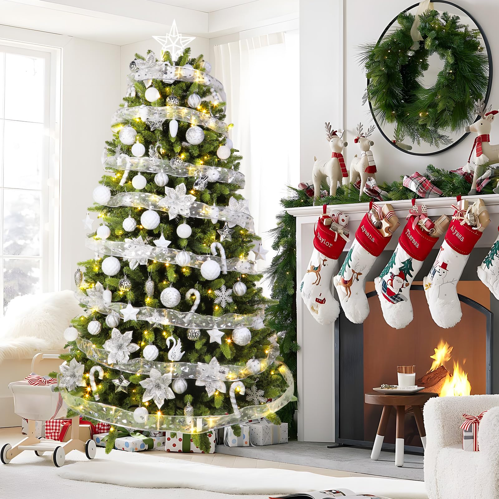 128pcs Christmas Balls Ornaments Set, Ribbon Tree Topper for Xmas Tree Holiday Wedding Party Decorations with Hanging Strings, White and Silver - SHareconn