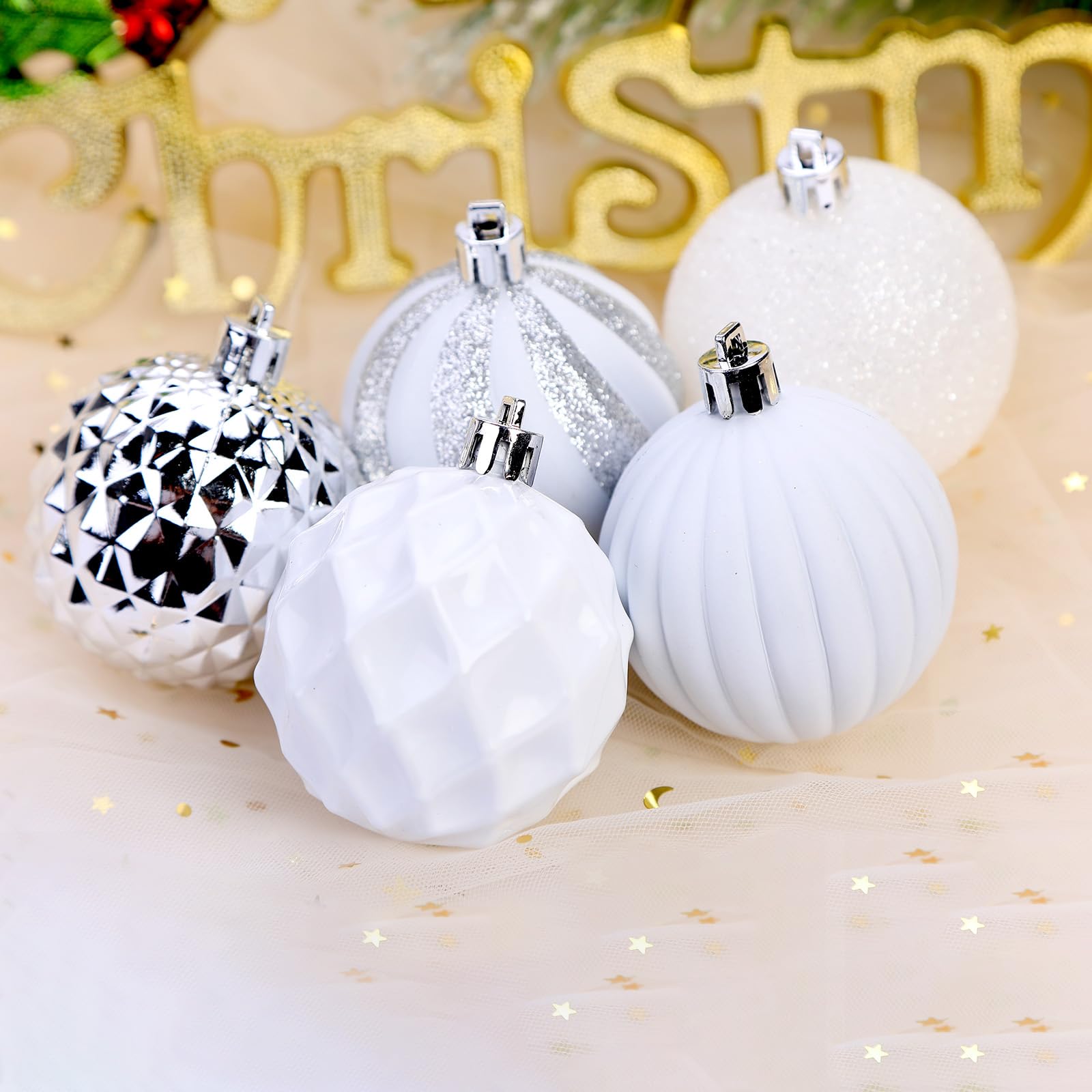 128pcs Christmas Balls Ornaments Set, Ribbon Tree Topper for Xmas Tree Holiday Wedding Party Decorations with Hanging Strings, White and Silver - SHareconn