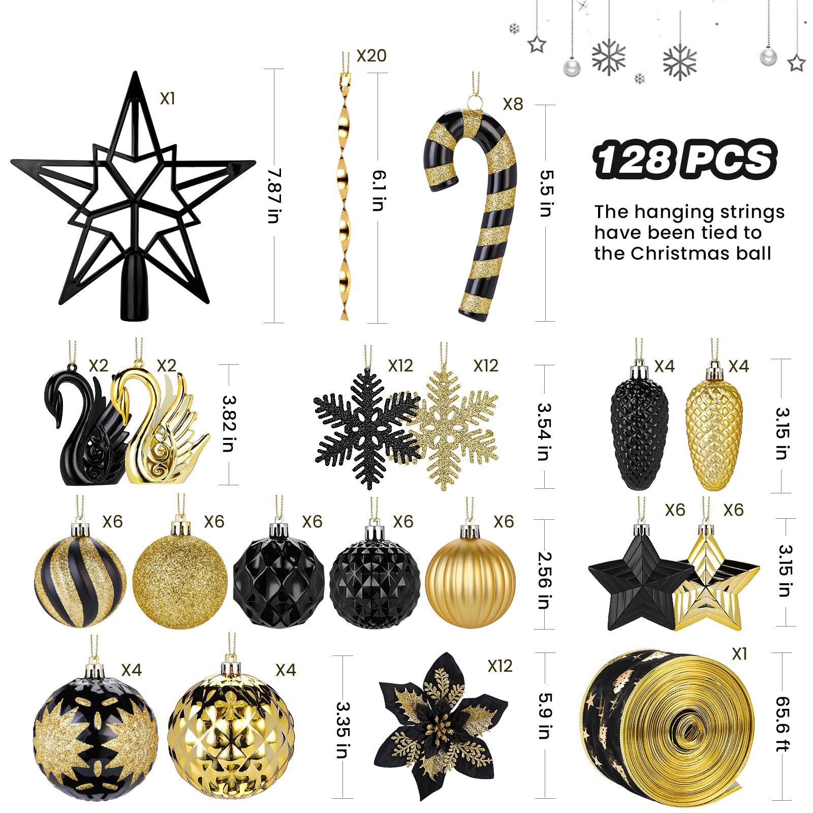 128pcs Christmas Balls Ornaments Set with Hanging Strings, Black and Gold - SHareconn