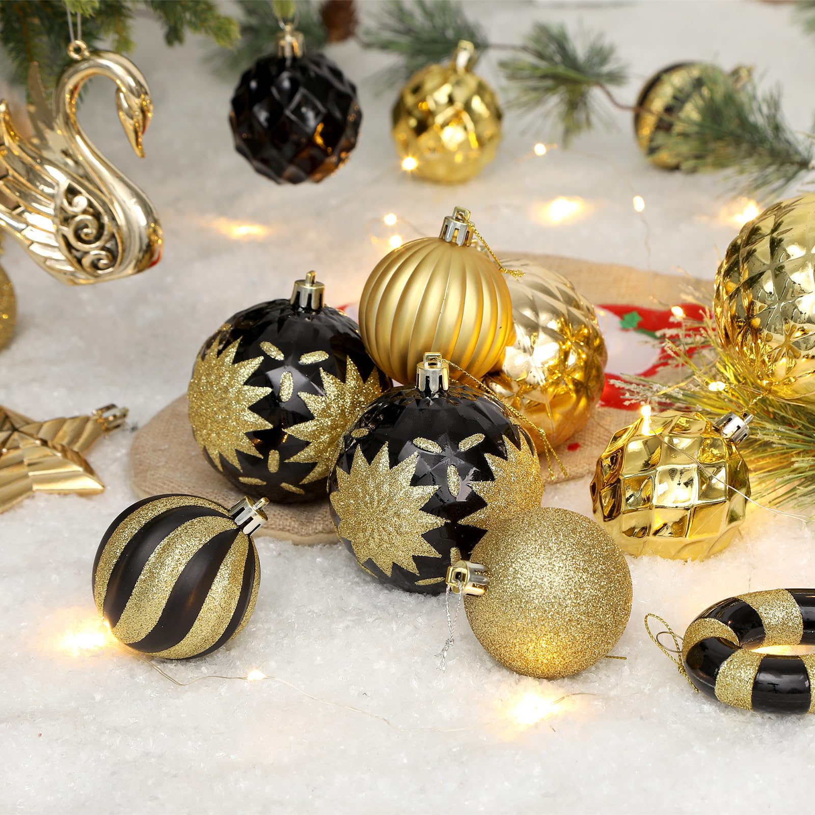 128pcs Christmas Balls Ornaments Set with Hanging Strings, Black and Gold - SHareconn