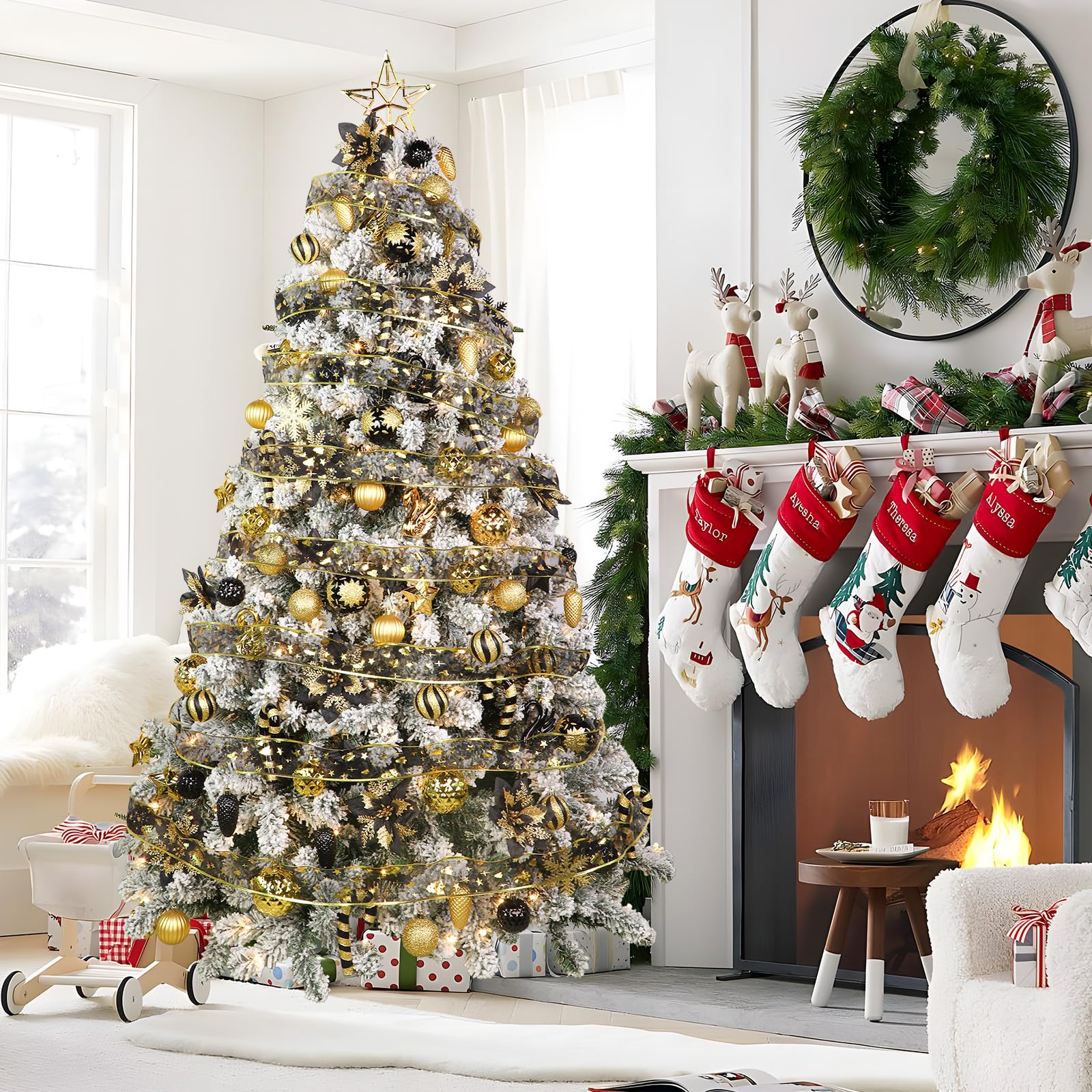 128pcs Christmas Balls Ornaments Set with Hanging Strings, Black and Gold - SHareconn