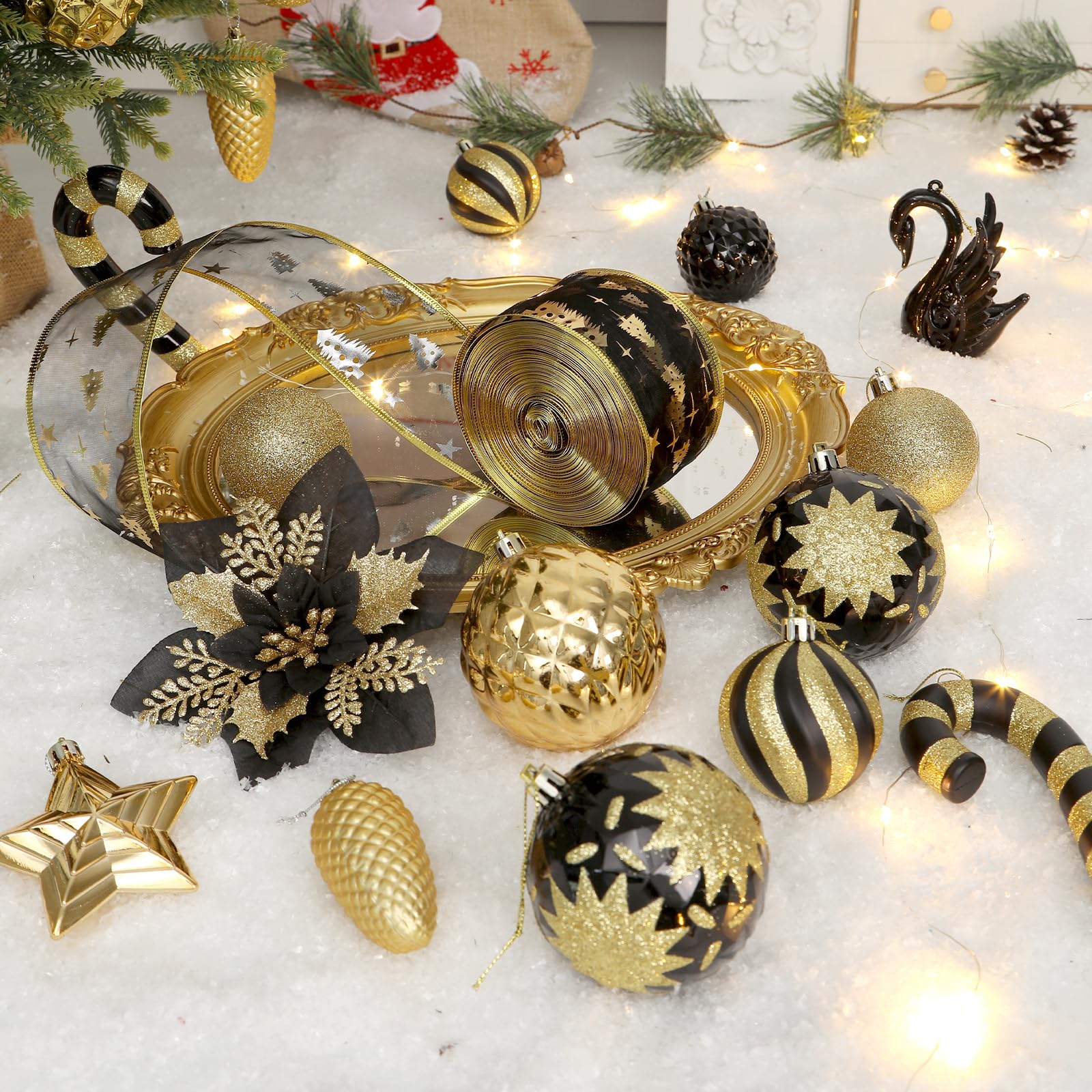 128pcs Christmas Balls Ornaments Set with Hanging Strings, Black and Gold - SHareconn