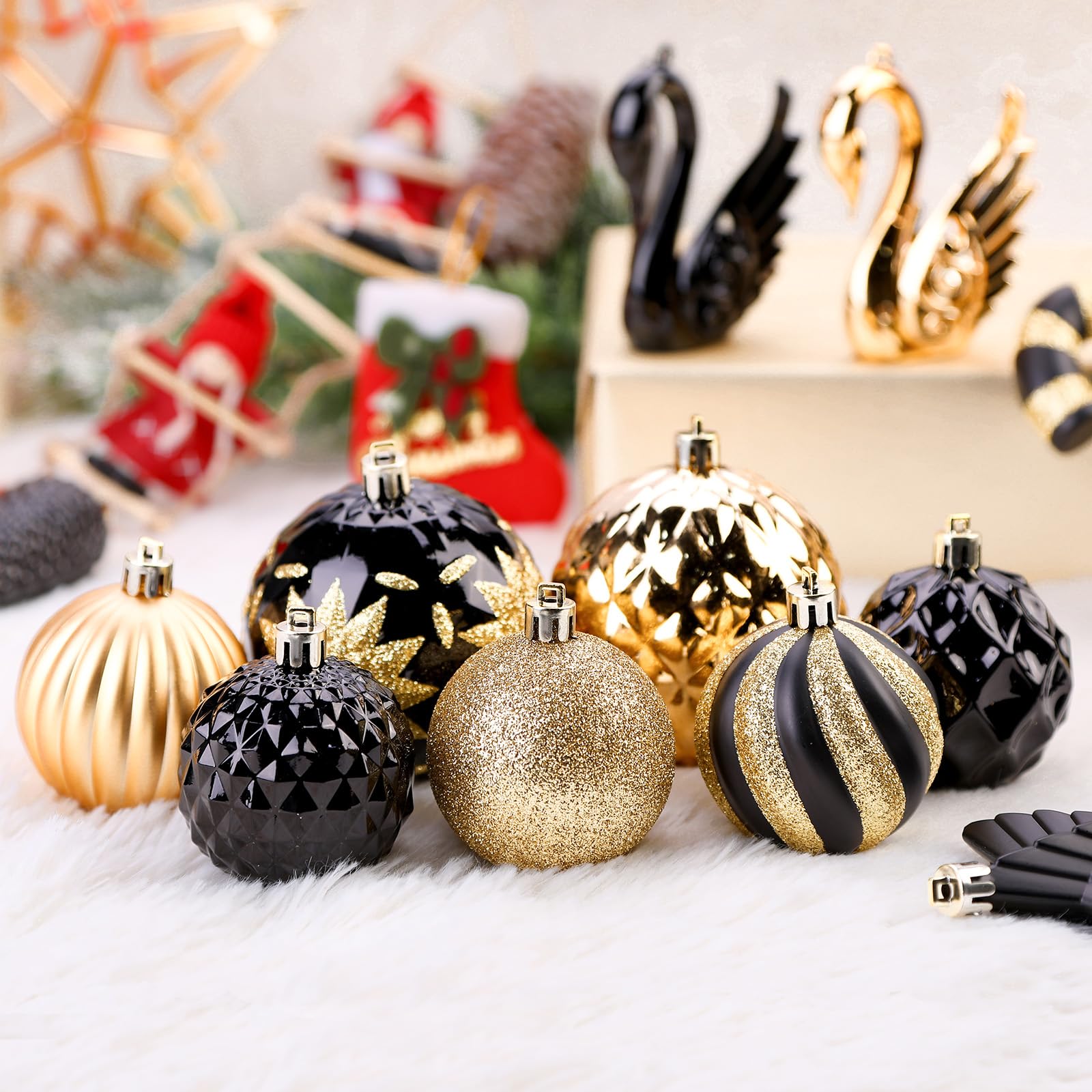 128pcs Christmas Balls Ornaments Set with Hanging Strings, Black and Gold - SHareconn