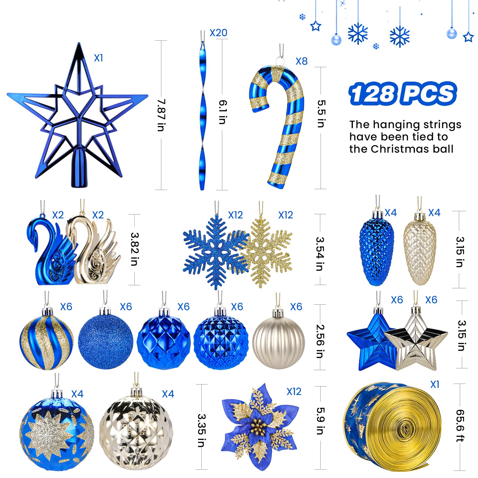 128pcs Christmas Shatterproof Plastic Baubles Christmas Flower, Ribbon and Tree Topper with Hanging Strings, Blue and Gold - SHareconn