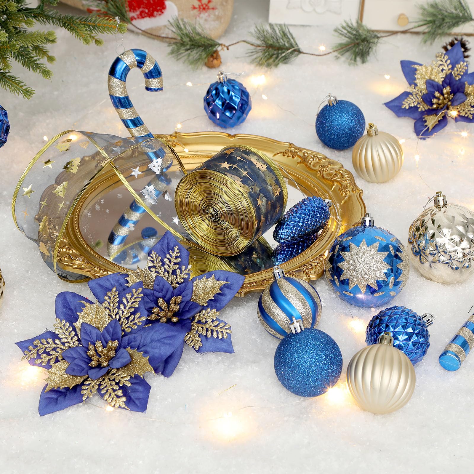 128pcs Christmas Shatterproof Plastic Baubles Christmas Flower, Ribbon and Tree Topper with Hanging Strings, Blue and Gold - SHareconn