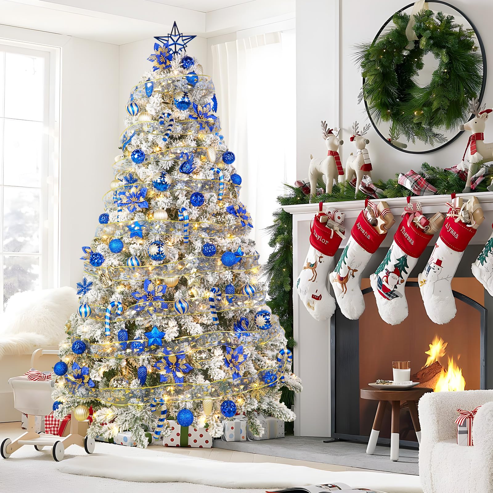 128pcs Christmas Shatterproof Plastic Baubles Christmas Flower, Ribbon and Tree Topper with Hanging Strings, Blue and Gold - SHareconn