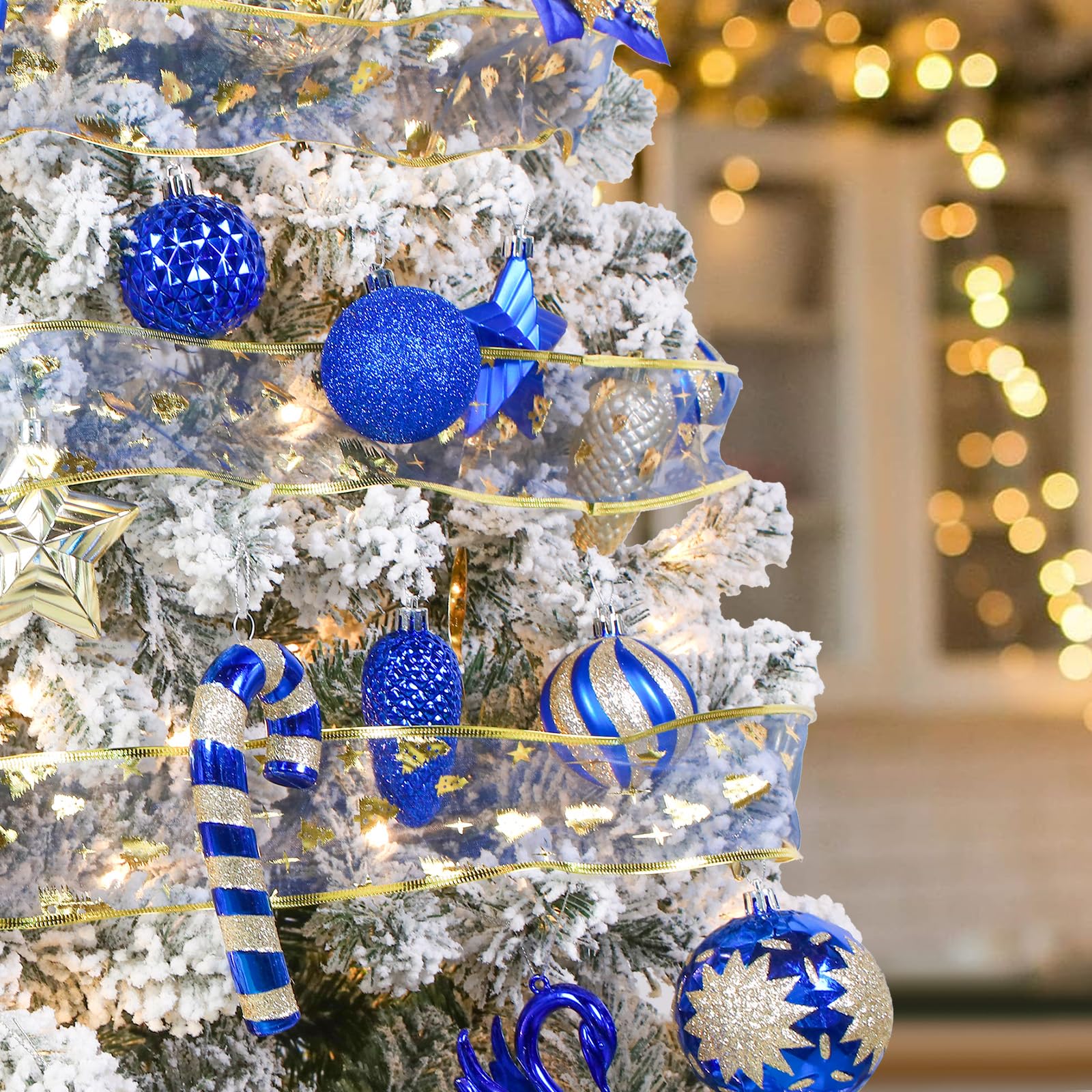 128pcs Christmas Shatterproof Plastic Baubles Christmas Flower, Ribbon and Tree Topper with Hanging Strings, Blue and Gold - SHareconn