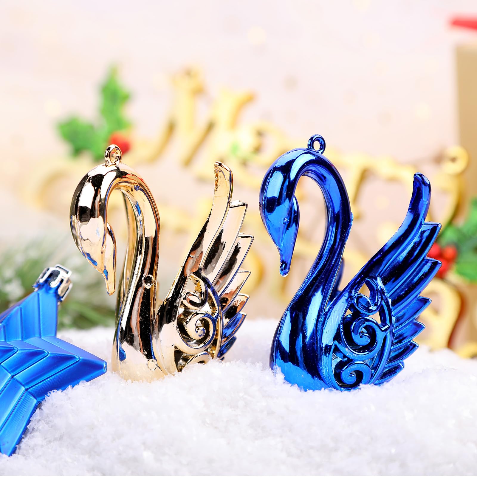 128pcs Christmas Shatterproof Plastic Baubles Christmas Flower, Ribbon and Tree Topper with Hanging Strings, Blue and Gold - SHareconn