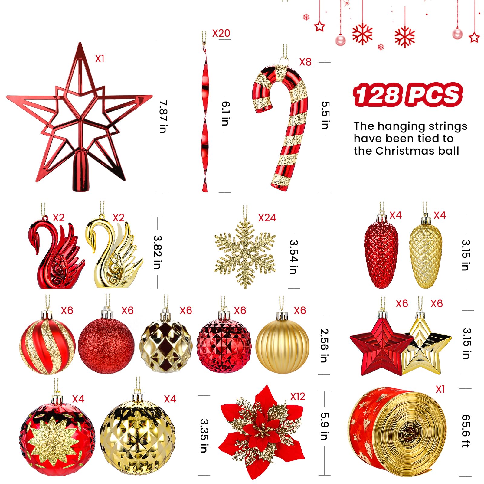 128pcs Shatterproof Plastic Baubles Christmas Balls Ornaments Set Red and Gold - SHareconn
