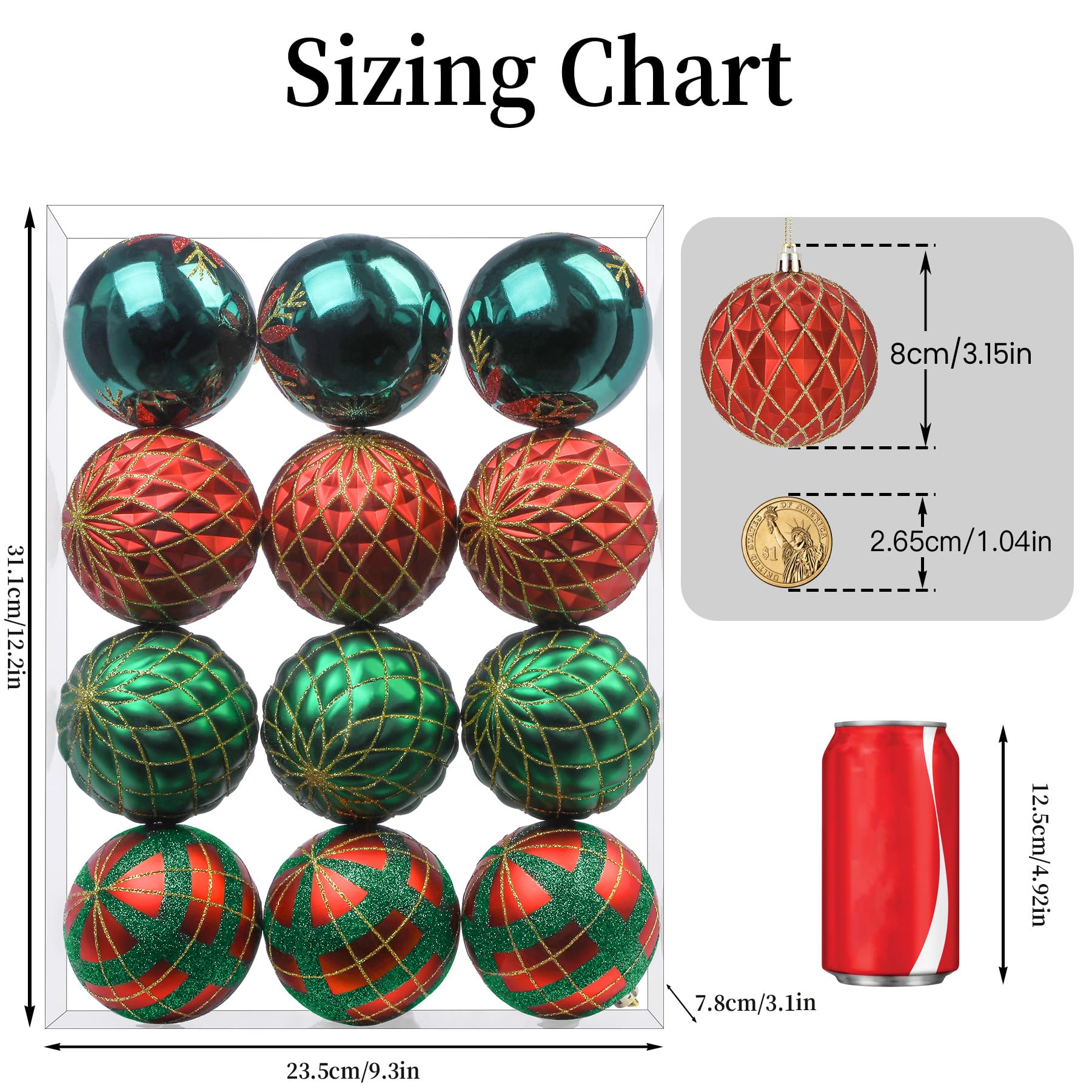 12ct 3.15 Inch Red & Green Christmas Tree Balls Ornaments - SHareconn