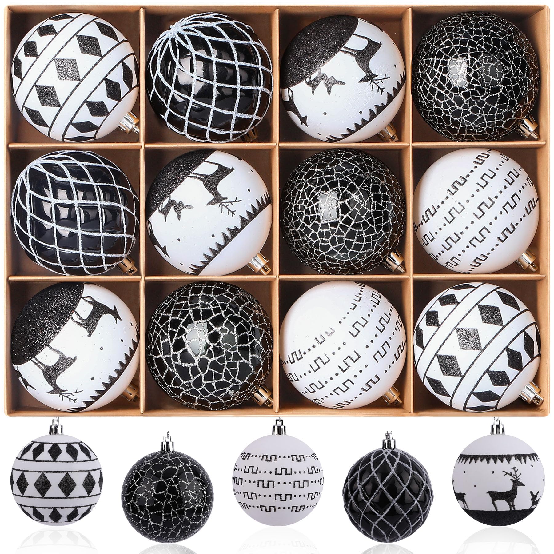 12PCS 80mm Christmas Colored Shatterproof Plastic Decorative Hanging Tree Decorations Baubles Set with Lanyard,Black&White - SHareconn