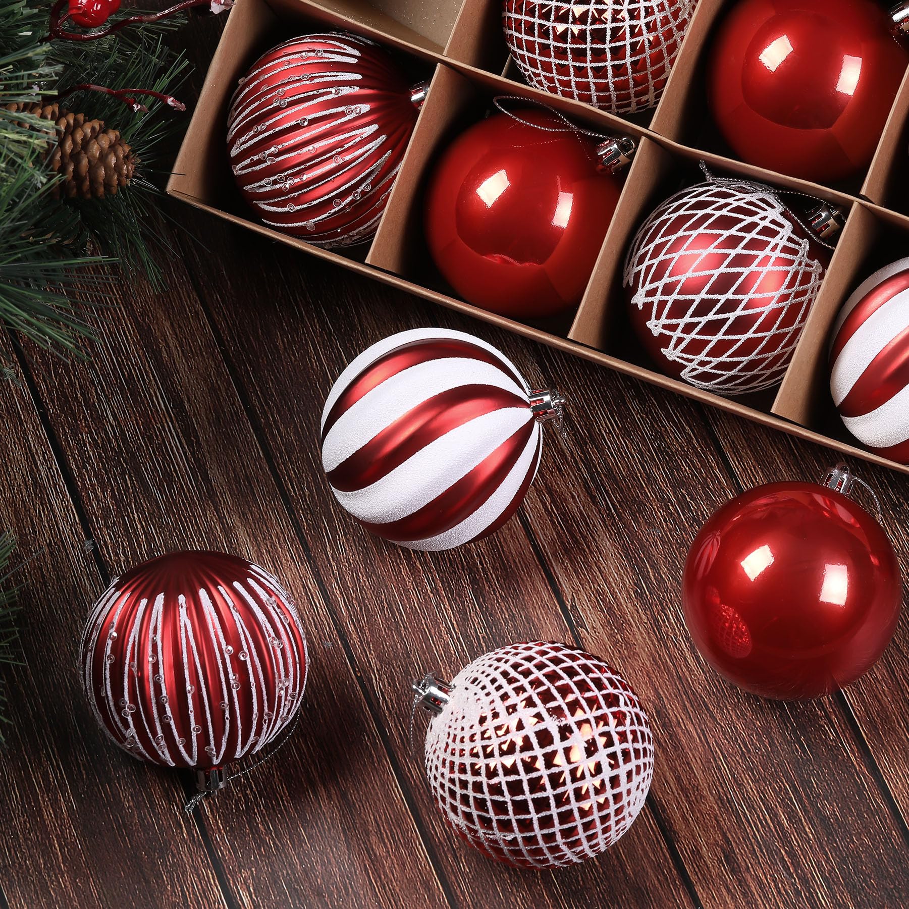 12PCS 80mm Colored Shatterproof Plastic Decorative Hanging Tree Decorations Baubles Set for Holiday Party Wedding Decoration with Lanyard, Red&White - SHareconn