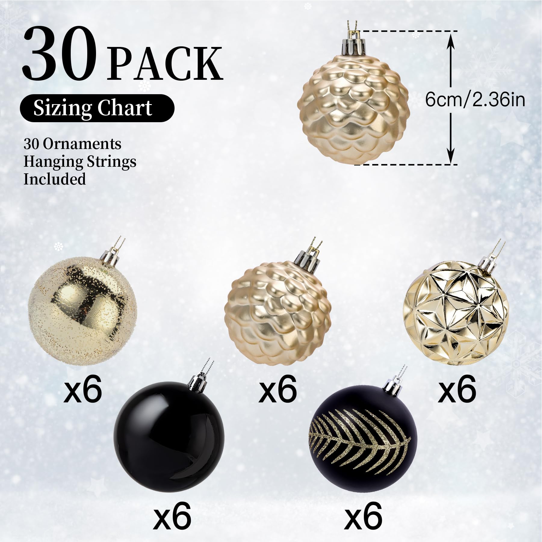 30ct 2.36 Inch Black & Gold Christmas Tree Balls Ornaments - SHareconn