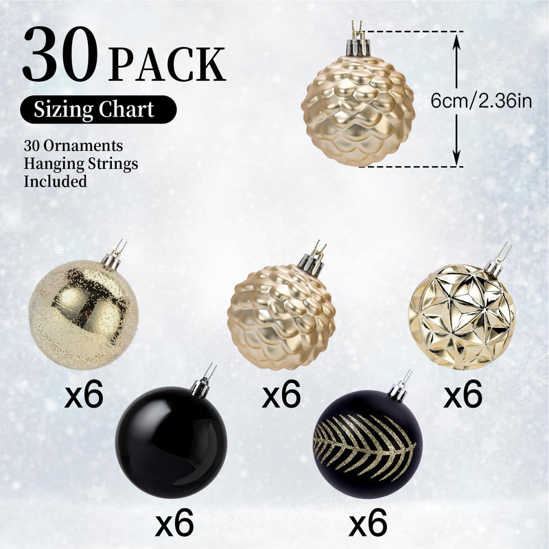 Set of 30 black and gold Christmas tree ball ornaments, 2.36 inches, by SHareconn, perfect for festive holiday decorating.