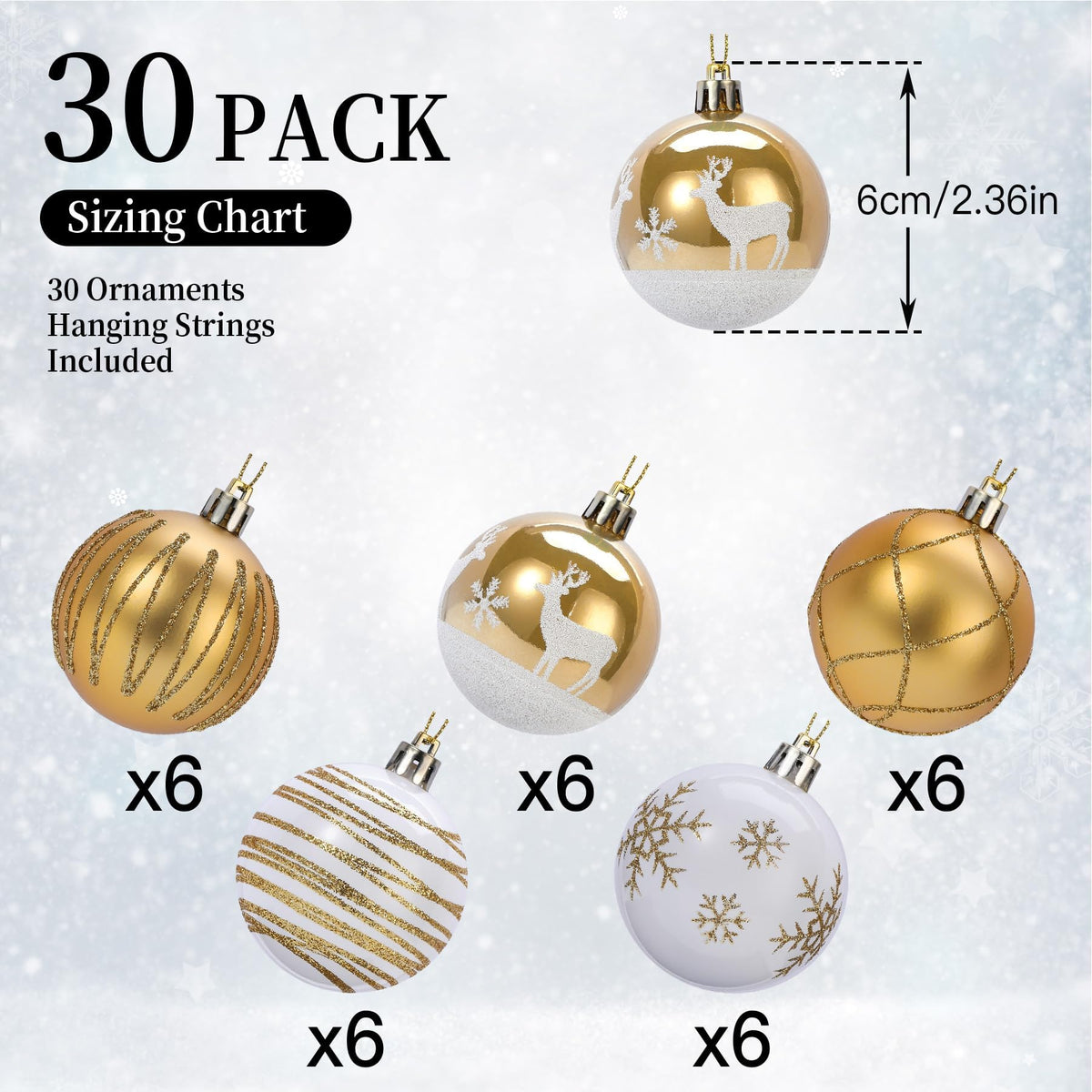 30ct 2.36 Inch Gold & White Christmas Tree Balls Ornaments - SHareconn