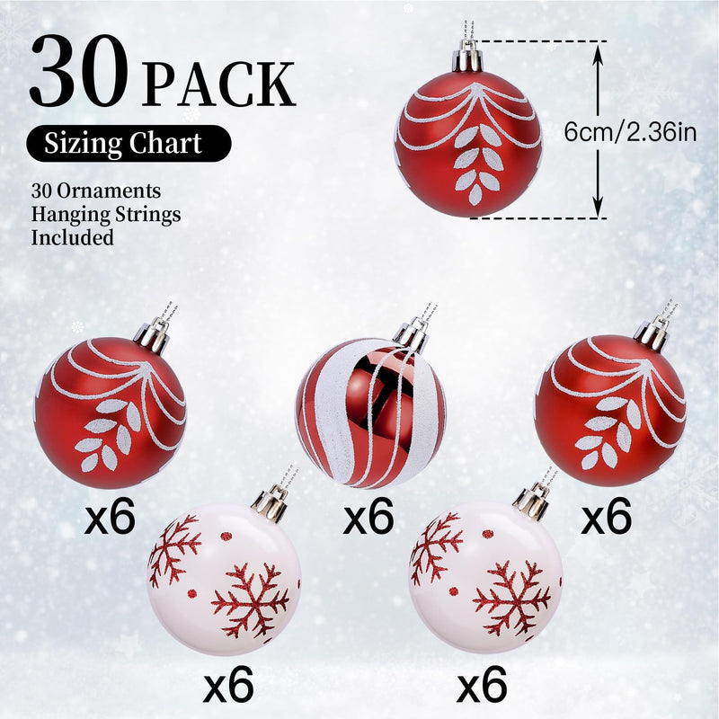 Set of 30 red and white 2.36-inch Christmas ball ornaments by Shareconn, featuring glossy glossy finish, perfect for holiday trees