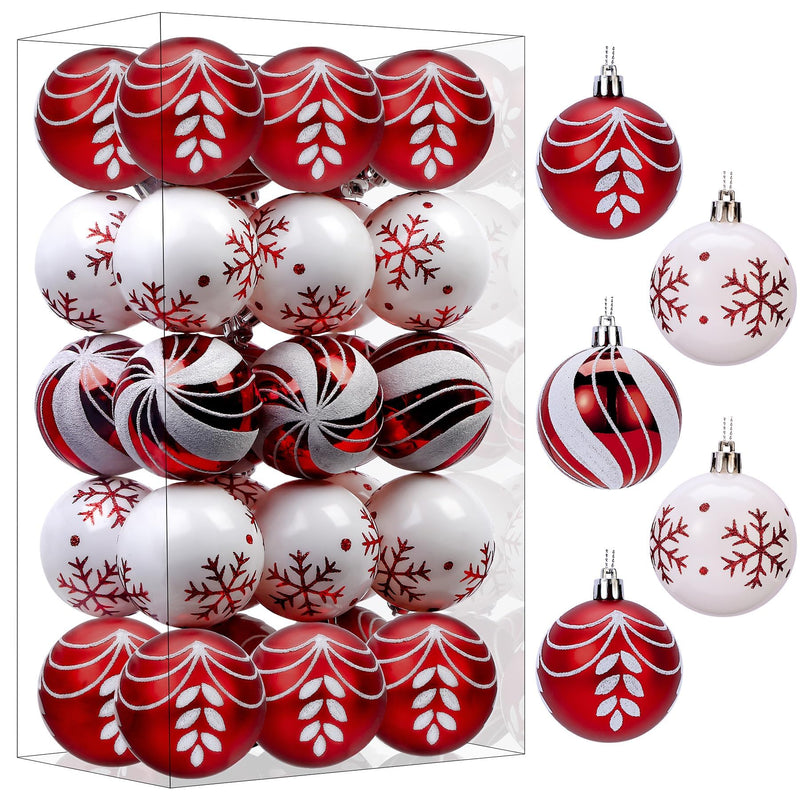 Set of 30 red and white 2.36-inch Christmas Tree Ball Ornaments by Shareconn, glossy holiday decorative Christmas ornaments.